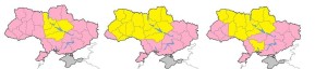 Figura 2 Nella cartina a sinistra evidenziate in giallo le aree dove prevale il dialetto, del medio Dnepr. Nella cartina centrale evidenziate le aree in cui il partito Batkivshina ha ottenuto più del 30% alle parlamentari del 2012. Nella cartina a destra le aree di maggiore osservanza del Patriarcato di Kiev.