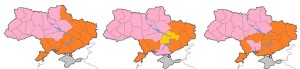 Figura 4 Nella cartina a sinistra evidenziate in rosso le aree dove prevalgono i dialetti “delle steppe” “slobozhan” il Russo e la parlata “surshyk”. Nella cartina centrale evidenziate le aree in cui il partito delle Regioni ha ottenuto più del 40% (rosso) o del 35% (arancio) alle parlamentari del 2012. Nella cartina a destra le aree di maggiore osservanza del Patriarcato di Mosca.