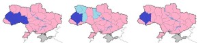 Figura 6: Nella cartina a sinistra evidenziate in blu le aree dove prevale il nord orientale. Nella cartina centrale evidenziate le aree in cui il partito Svoboda ha ottenuto più del 30% (blu) o del 15% (azzurro) alle parlamentari del 2012. Nella cartina a destra le aree di maggiore osservanza della Chiesa Uniate d’Ucraina (cattolici).