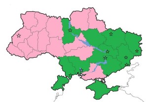 Figura 3 In verde, le regioni Ucraine con reddito medio superiore a 1500 dollari, in rosa quelle con reddito inferiore. Indicate le città maggiori di 500.000 abitanti.