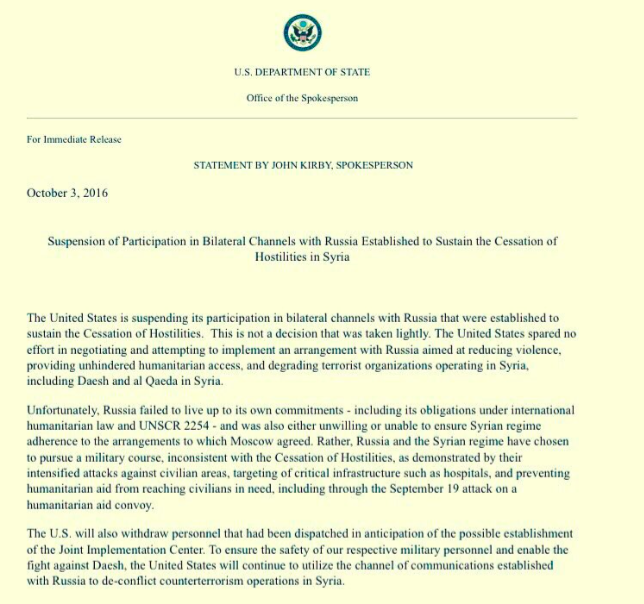 Stati Uniti e Russia interrompono i contatti diplomatici sulla Siria